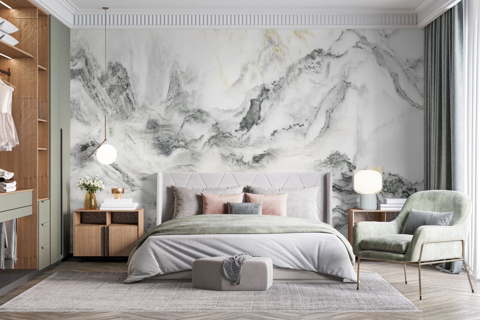 Fotobehang marmeren textuur met uitzicht op de bergen