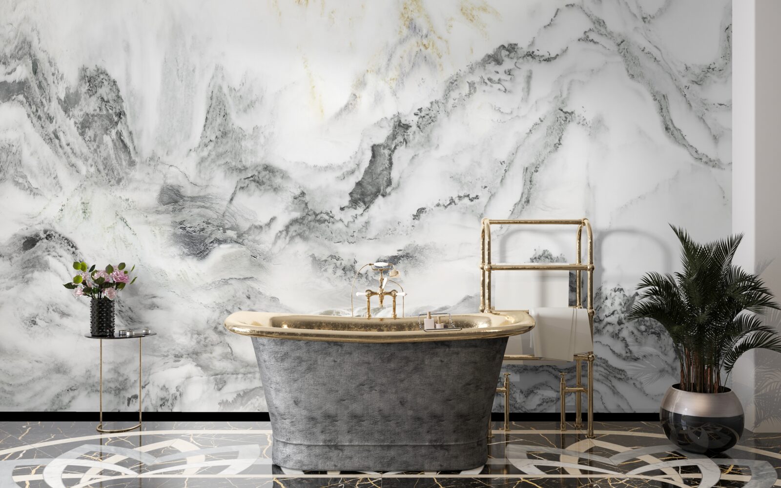 Fotobehang marmeren textuur met uitzicht op de bergen