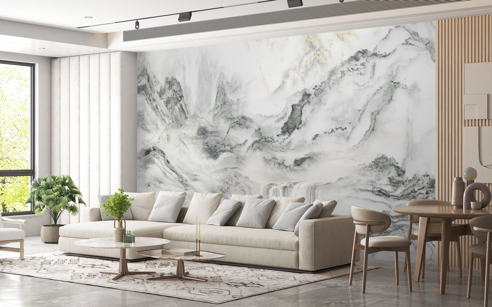 Fotobehang marmeren textuur met uitzicht op de bergen