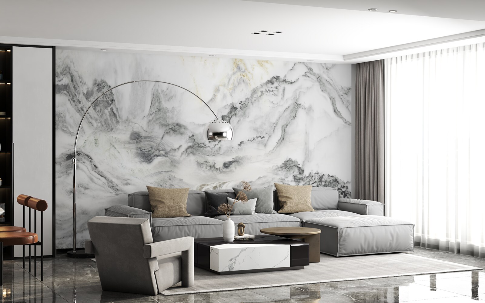 Fotobehang marmeren textuur met uitzicht op de bergen