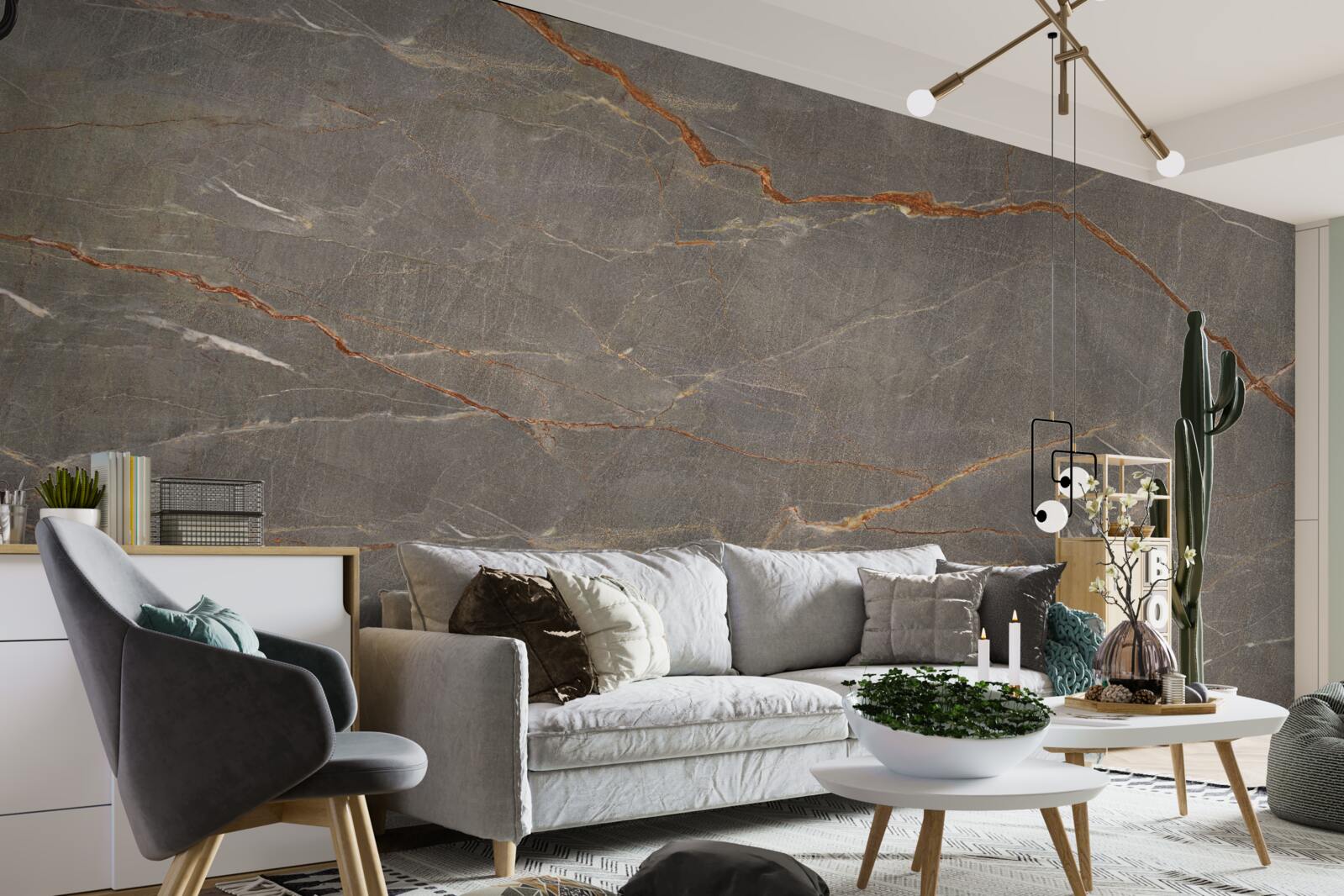 Fotobehang bruin marmer met gouden schaduw