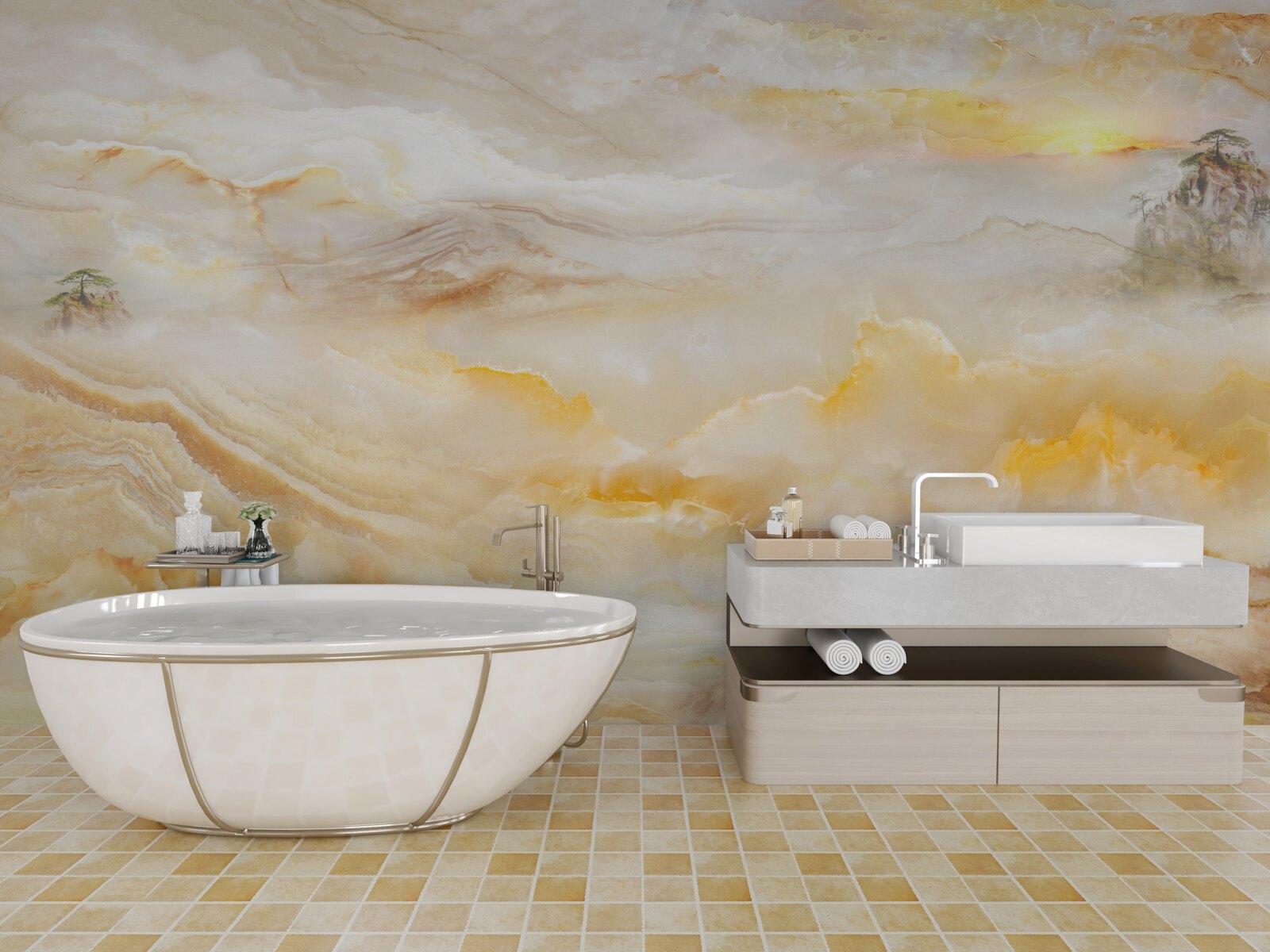 Fotobehang een ochtend in de bergen, gehuld in mist