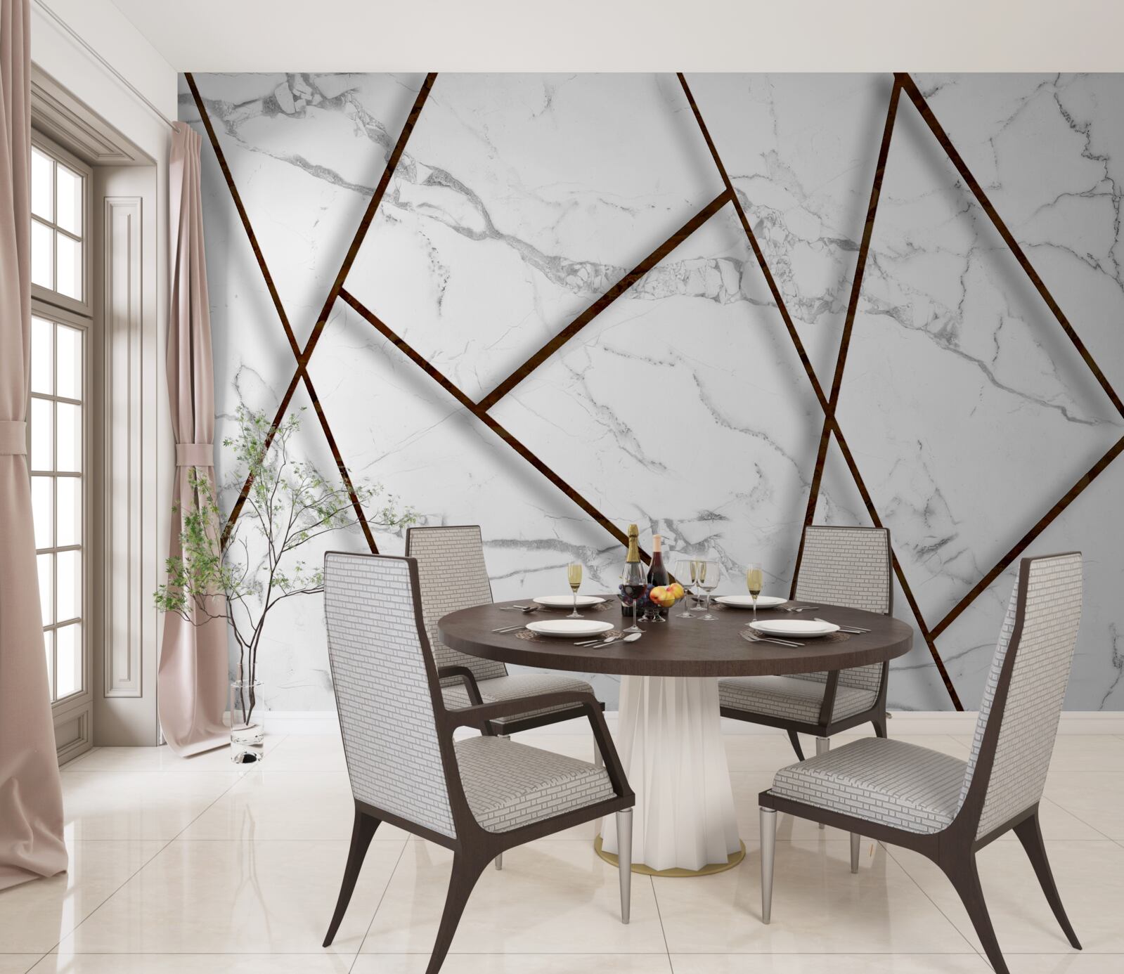 Fotobehang zwarte insluitsels op wit marmer