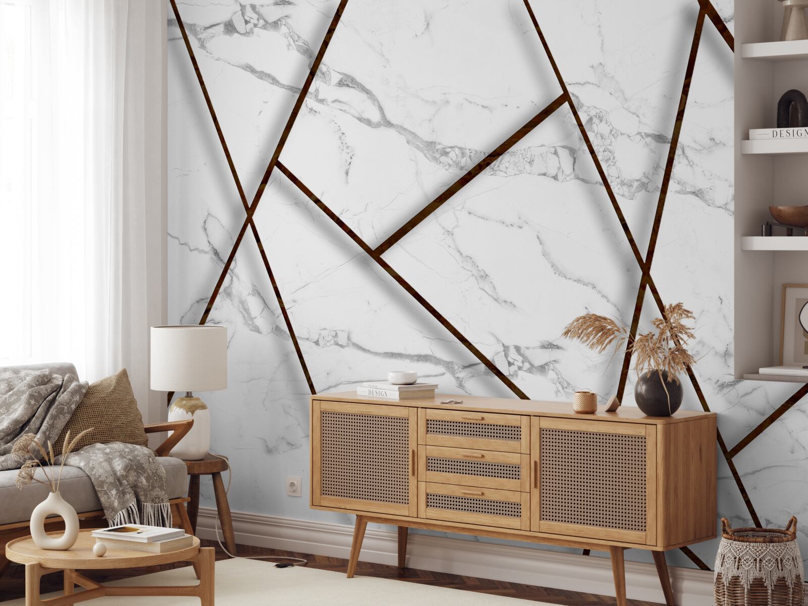 Fotobehang zwarte insluitsels op wit marmer