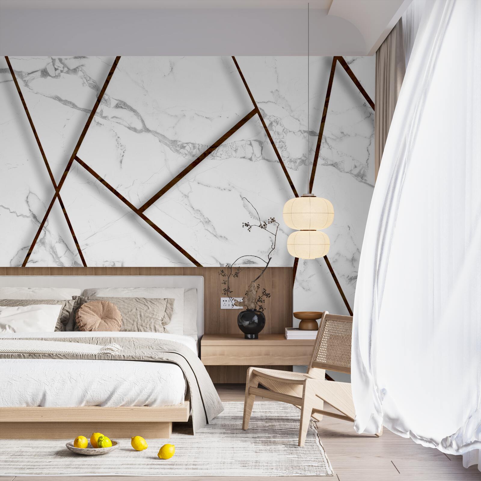 Fotobehang zwarte insluitsels op wit marmer