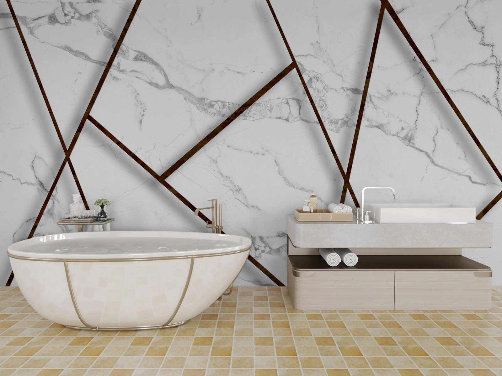 Fotobehang zwarte insluitsels op wit marmer