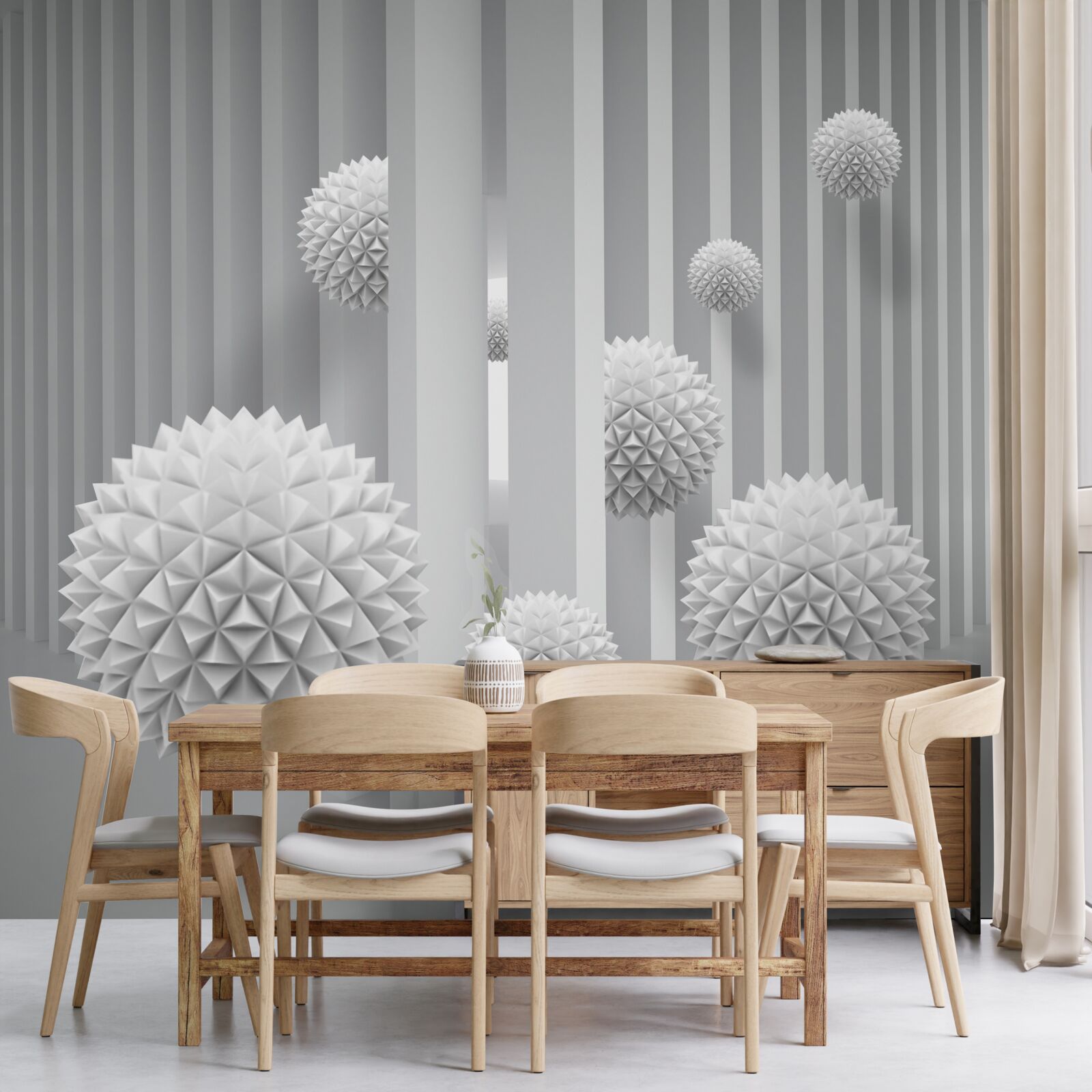 Fotobehang ballen die over geometrische vormen vliegen