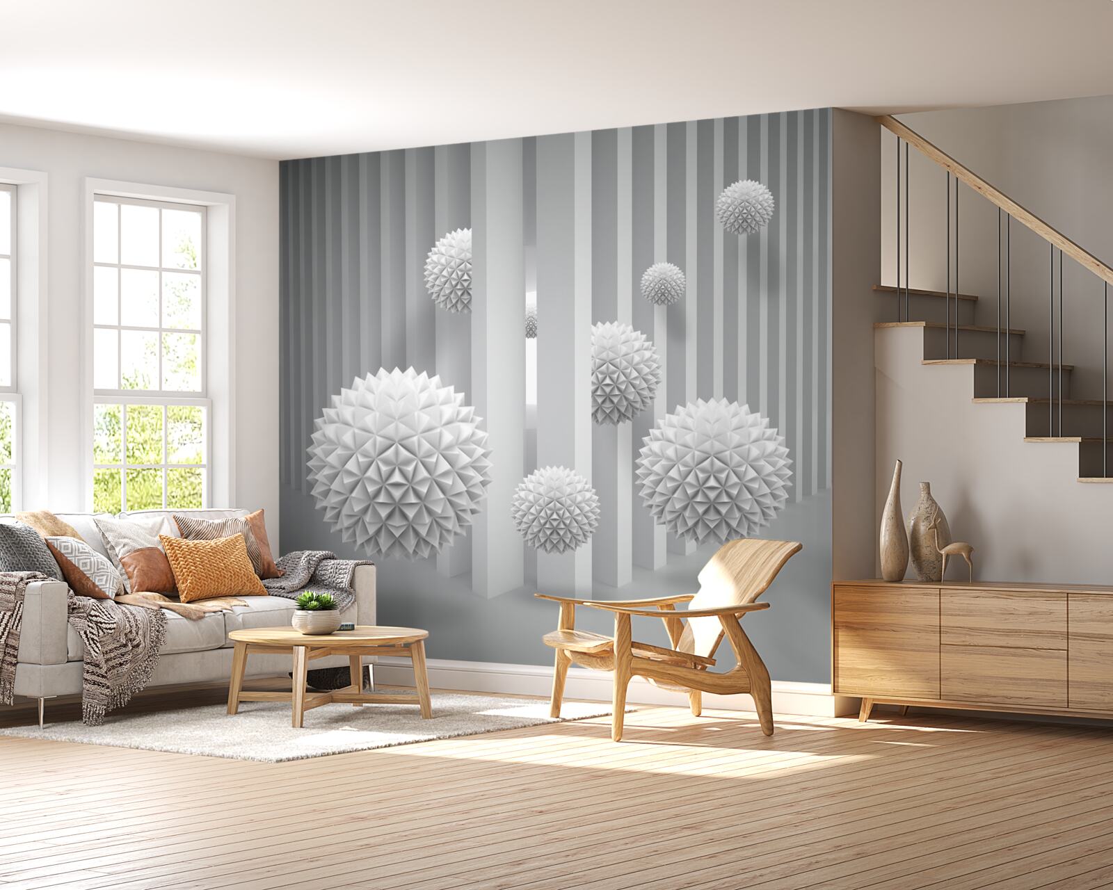 Fotobehang ballen die over geometrische vormen vliegen