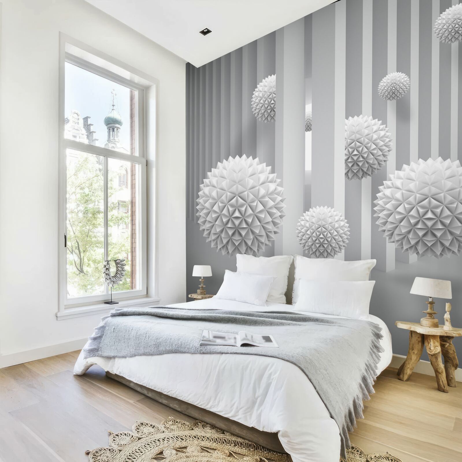 Fotobehang ballen die over geometrische vormen vliegen