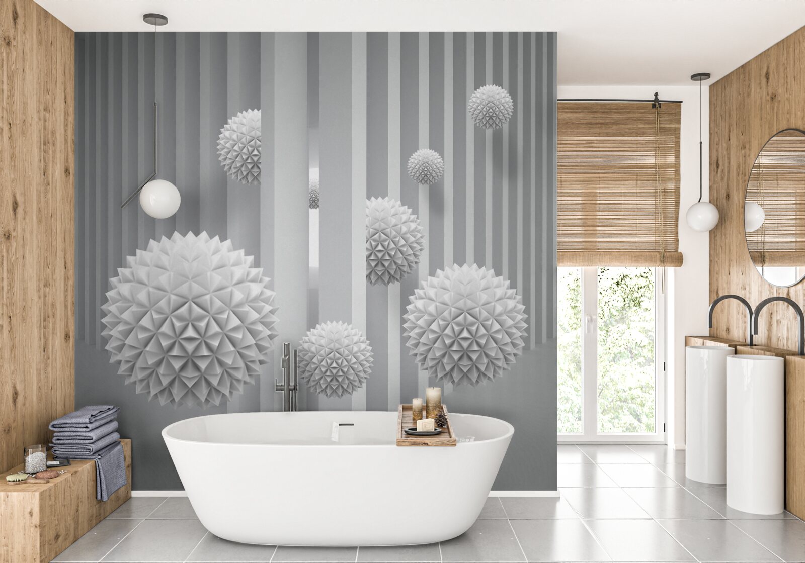 Fotobehang ballen die over geometrische vormen vliegen