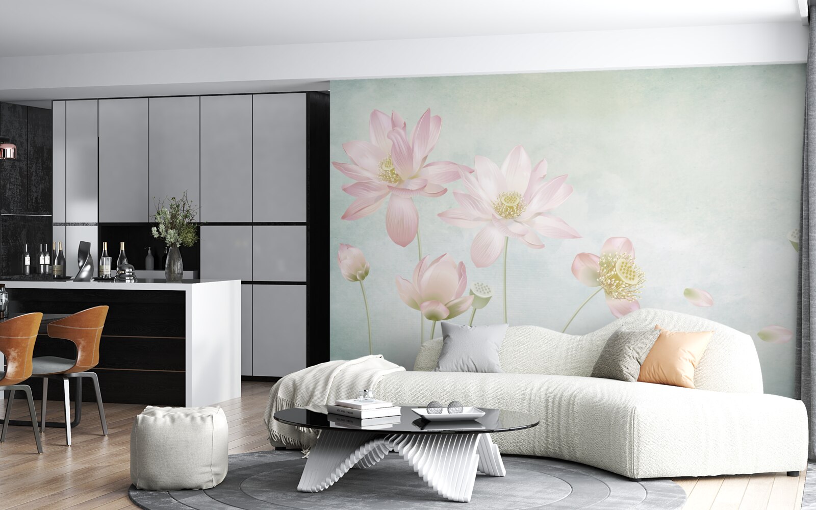 Fotobehang sierlijke klaprozen op een blauwe achtergrond