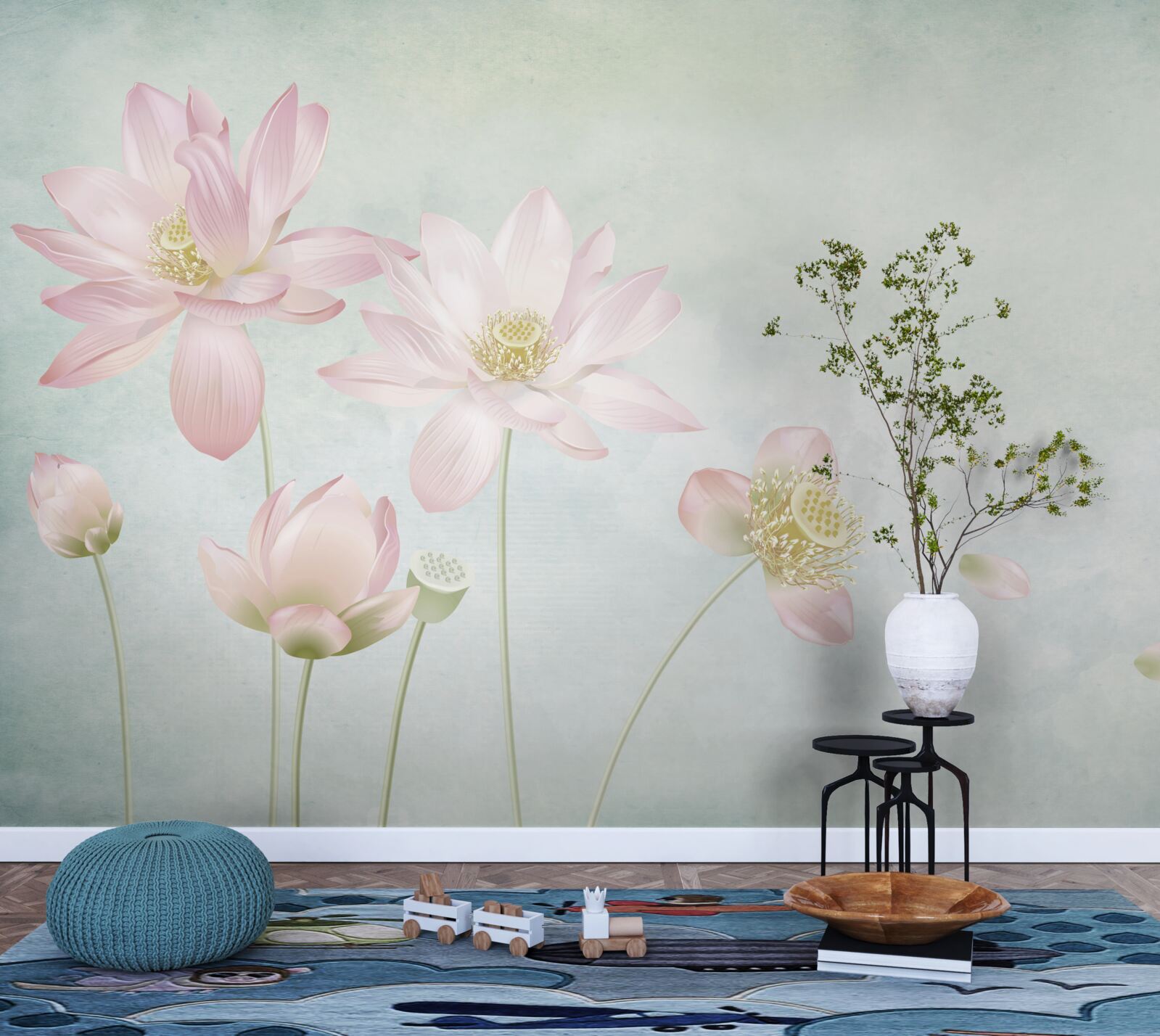 Fotobehang sierlijke klaprozen op een blauwe achtergrond