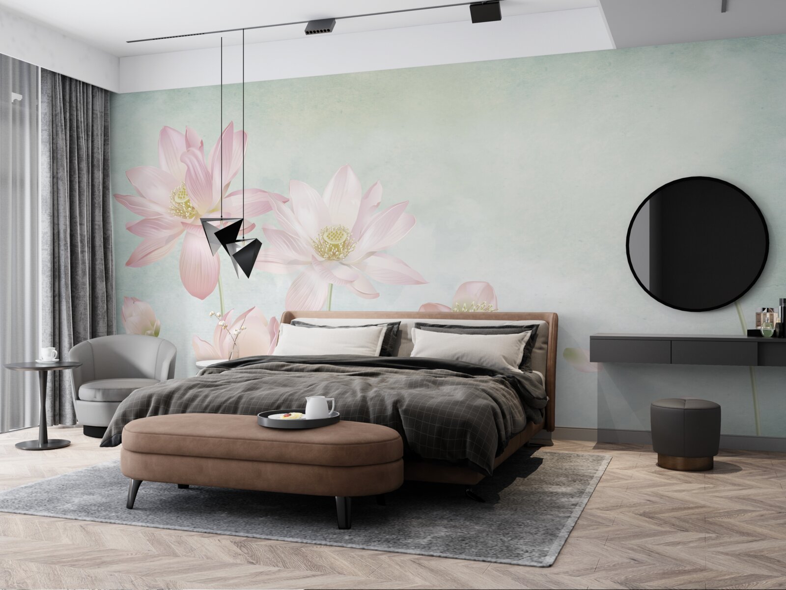 Fotobehang sierlijke klaprozen op een blauwe achtergrond