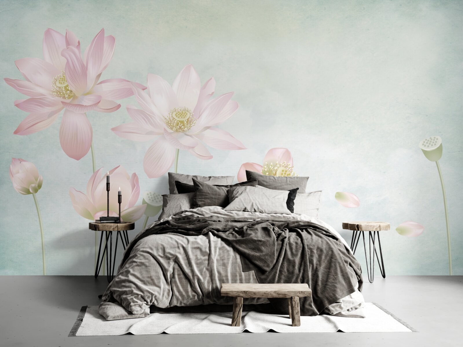 Fotobehang sierlijke klaprozen op een blauwe achtergrond