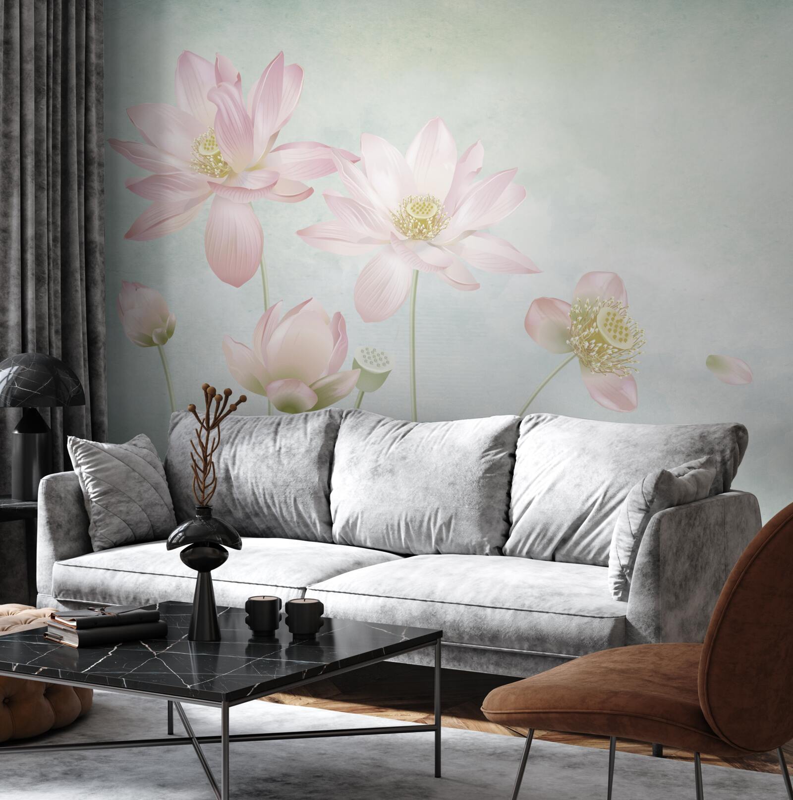 Fotobehang sierlijke klaprozen op een blauwe achtergrond