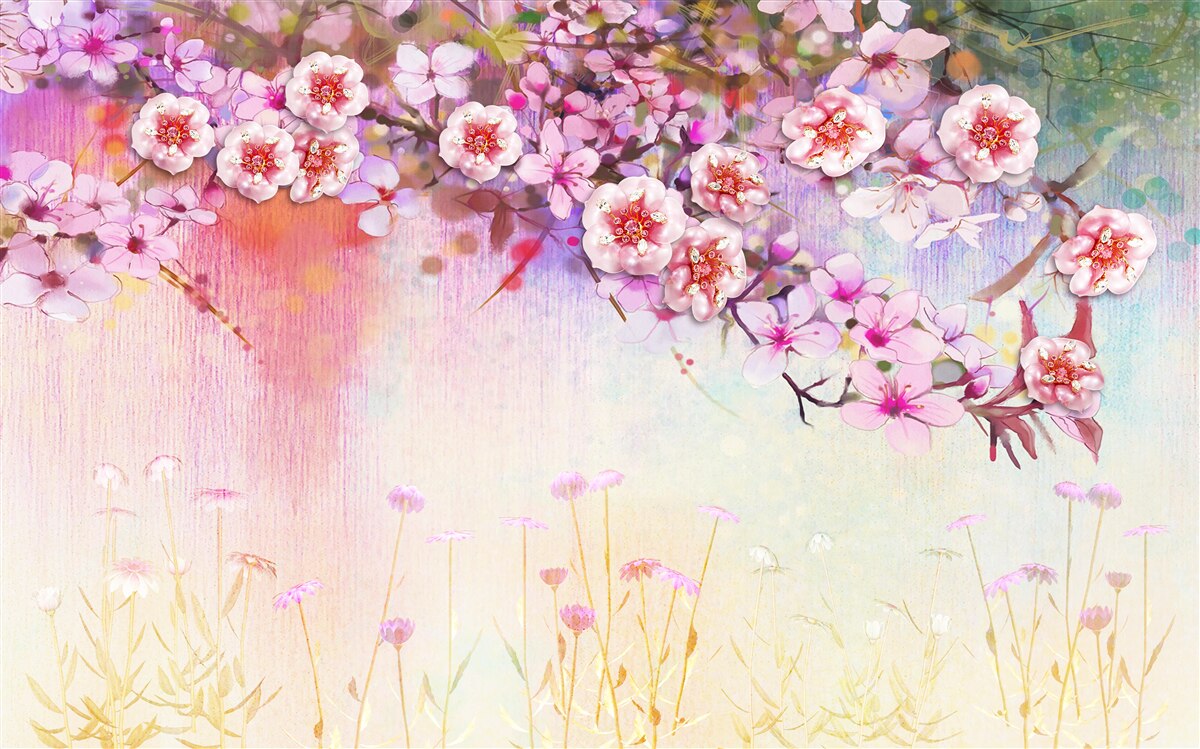 Fotobehang een prachtige bloesemtak strekt zich uit over het veld