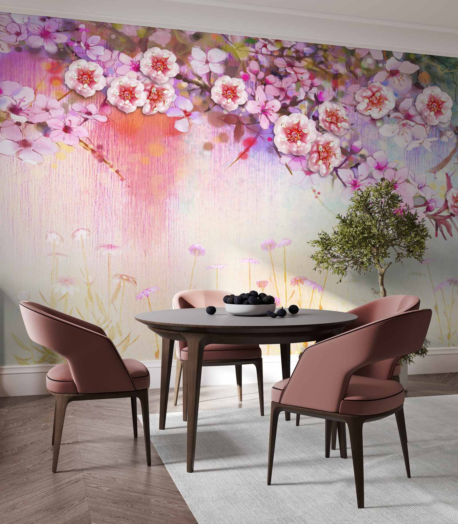 Fotobehang een prachtige bloesemtak strekt zich uit over het veld