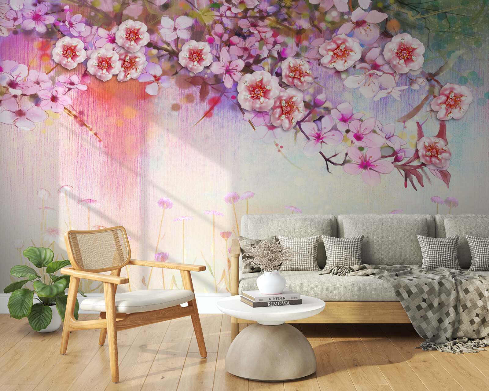 Fotobehang een prachtige bloesemtak strekt zich uit over het veld