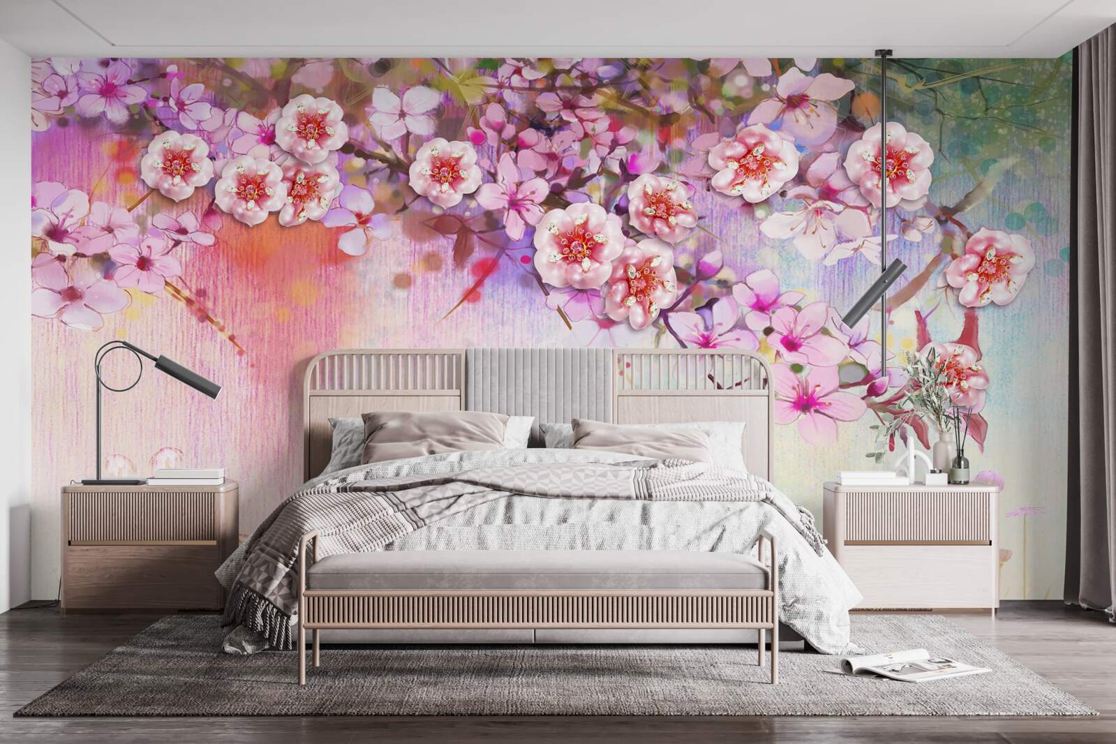 Fotobehang een prachtige bloesemtak strekt zich uit over het veld