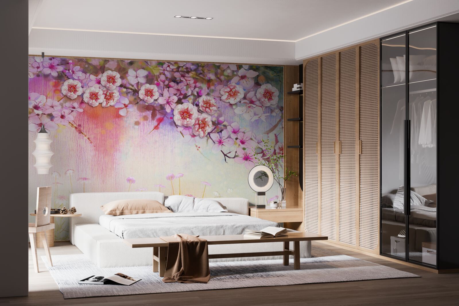 Fotobehang een prachtige bloesemtak strekt zich uit over het veld