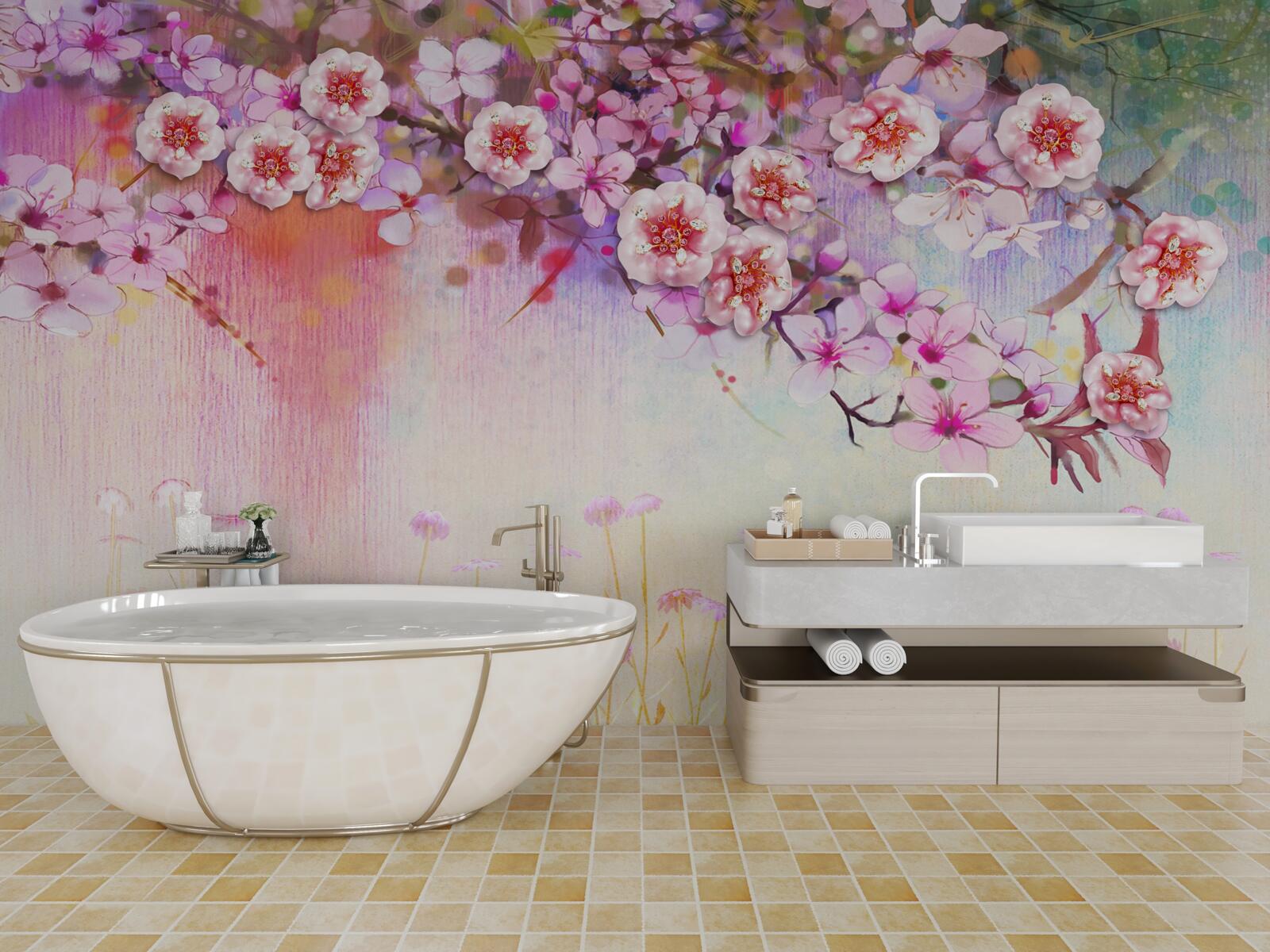 Fotobehang een prachtige bloesemtak strekt zich uit over het veld