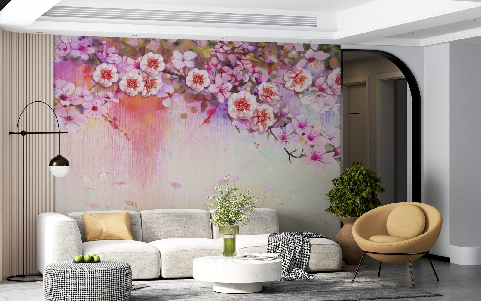 Fotobehang een prachtige bloesemtak strekt zich uit over het veld