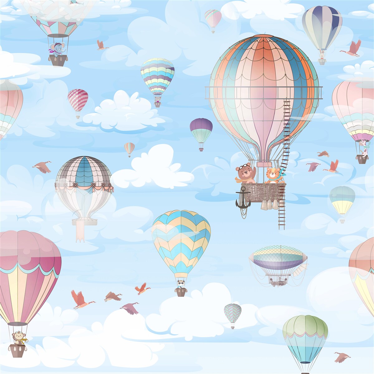 Fotobehang vliegende ballonnen met dierenafbeeldingen