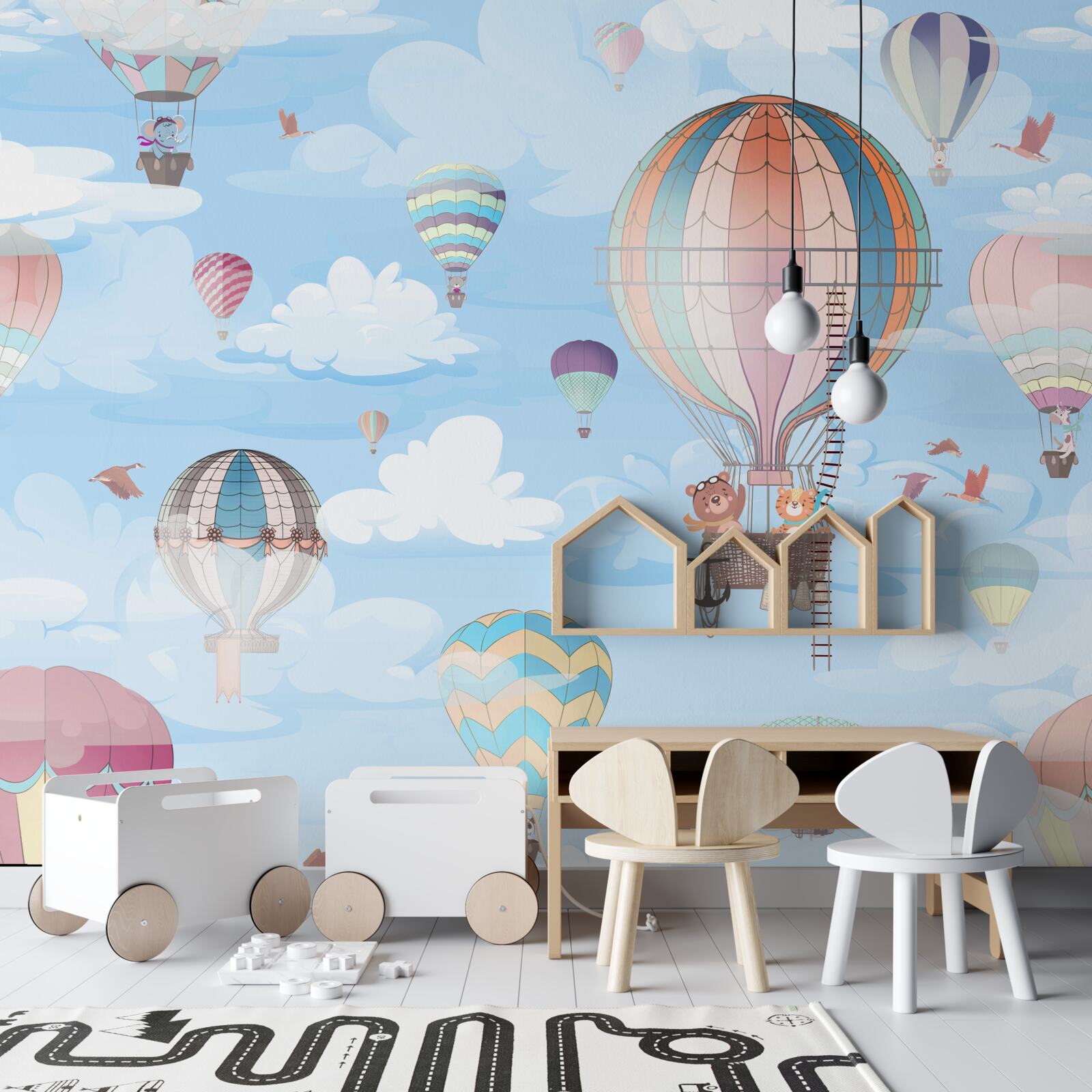 Fotobehang vliegende ballonnen met dierenafbeeldingen