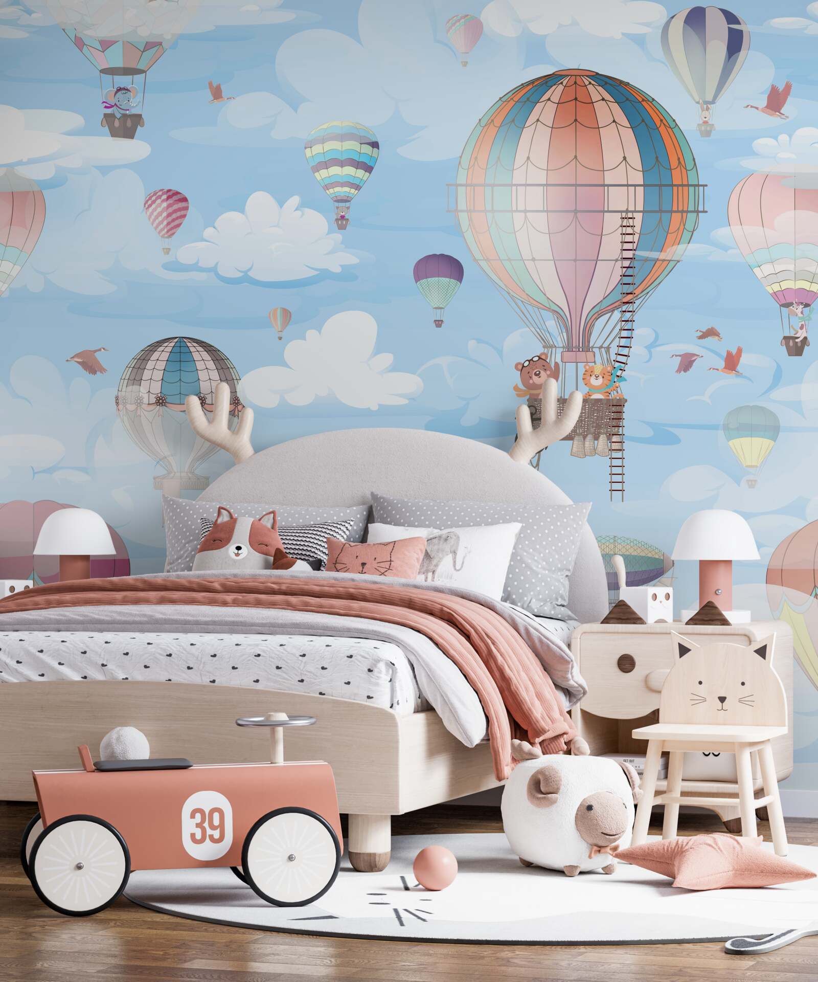 Fotobehang vliegende ballonnen met dierenafbeeldingen