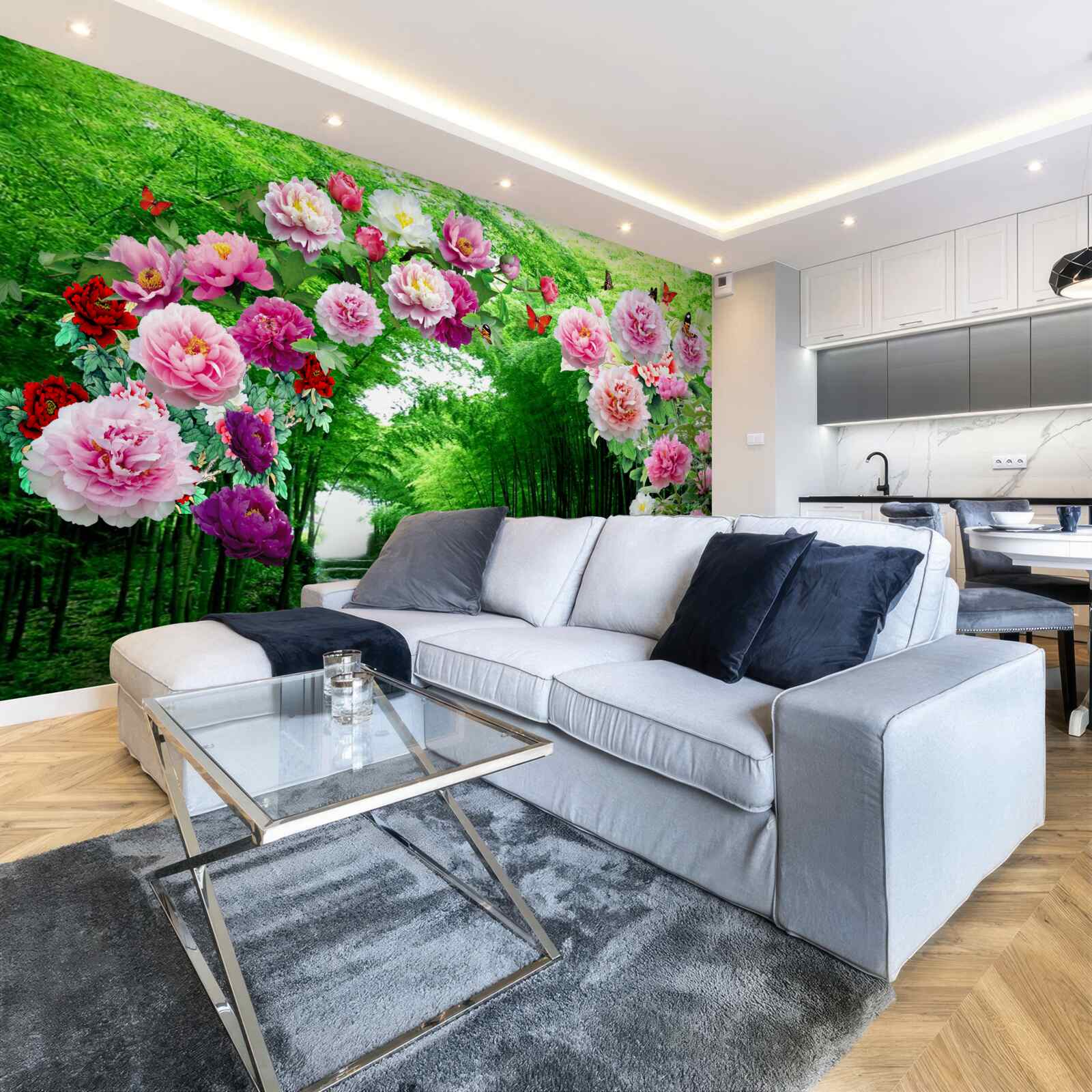 Fotobehang bloemen en vossen van groene bamboe