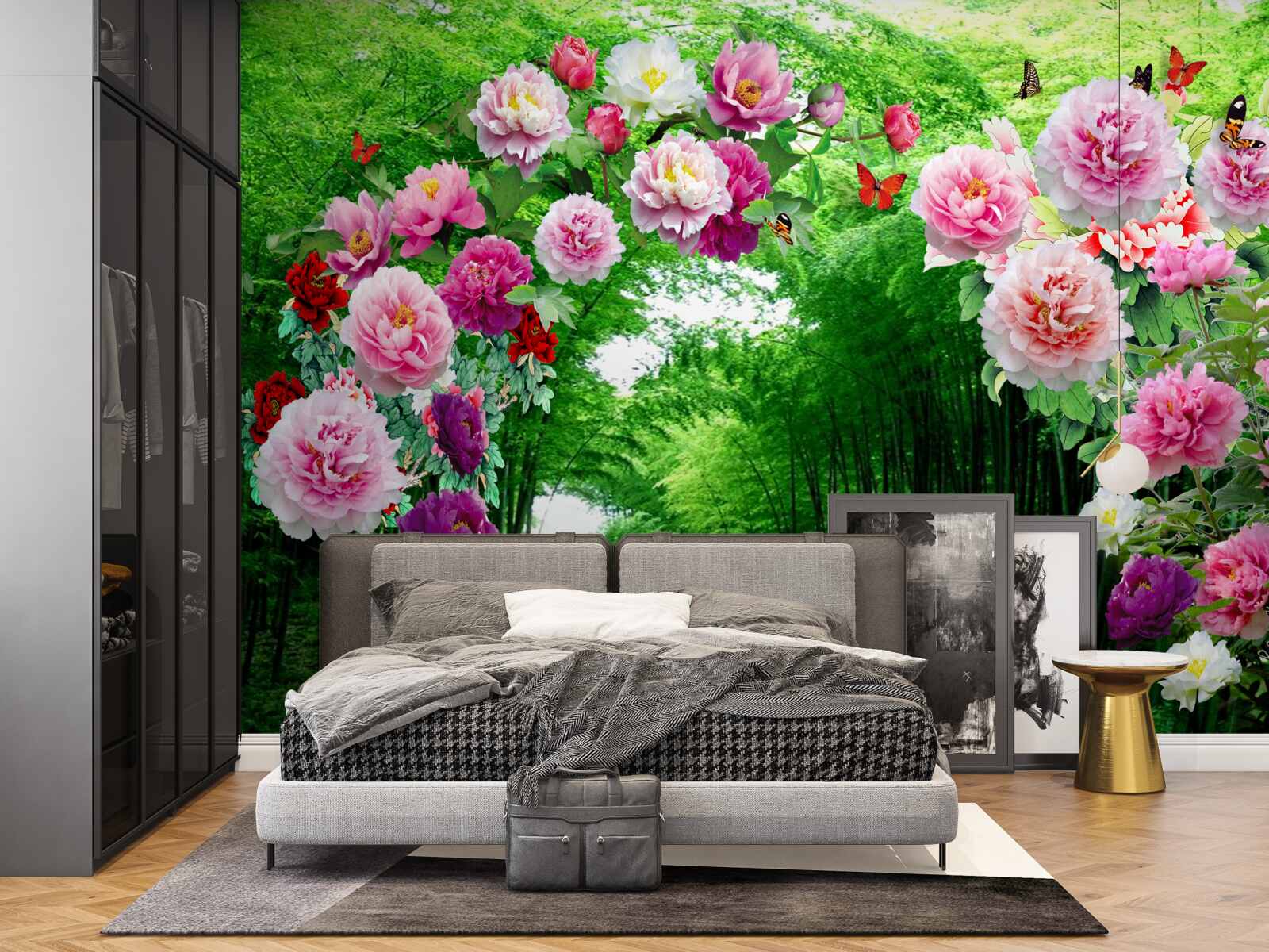 Fotobehang bloemen en vossen van groene bamboe