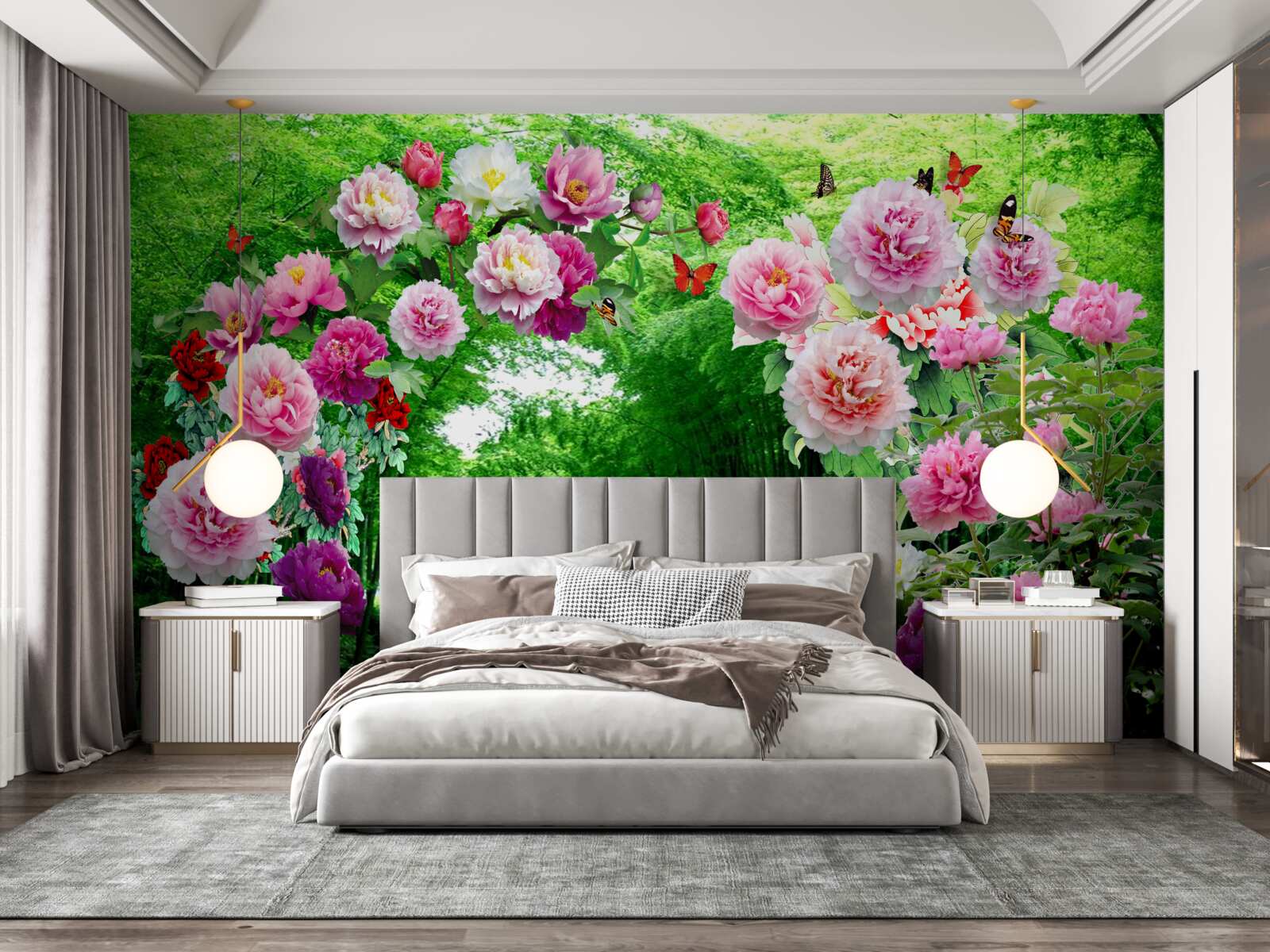 Fotobehang bloemen en vossen van groene bamboe