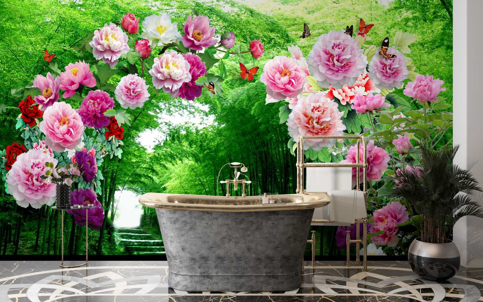 Fotobehang bloemen en vossen van groene bamboe