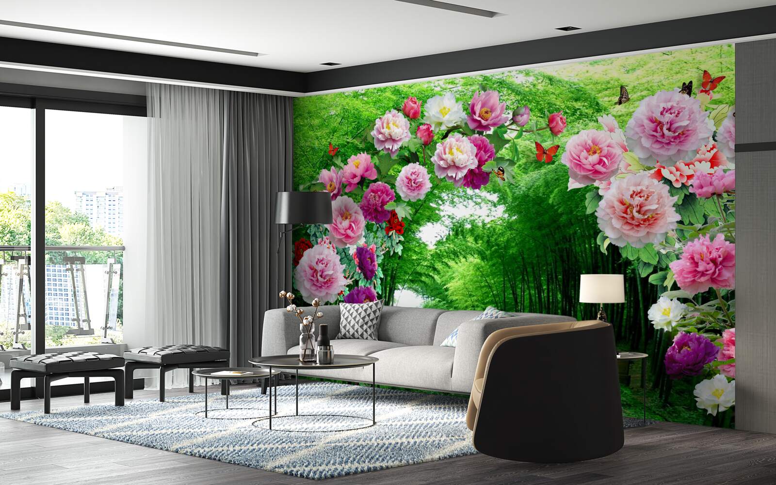 Fotobehang bloemen en vossen van groene bamboe