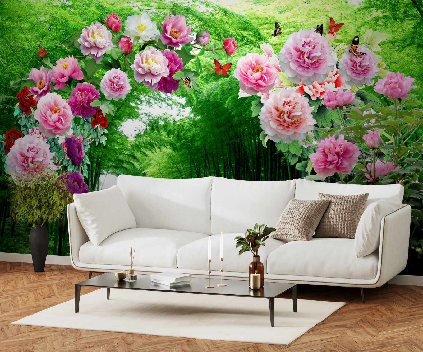 Fotobehang bloemen en vossen van groene bamboe