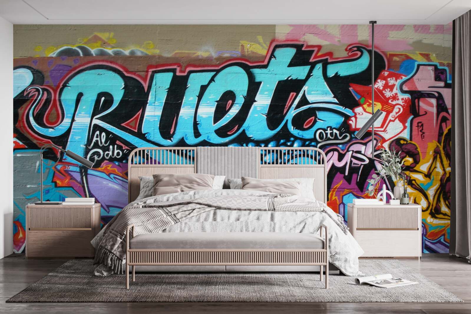 Fotobehang Muur versierd met felle graffiti