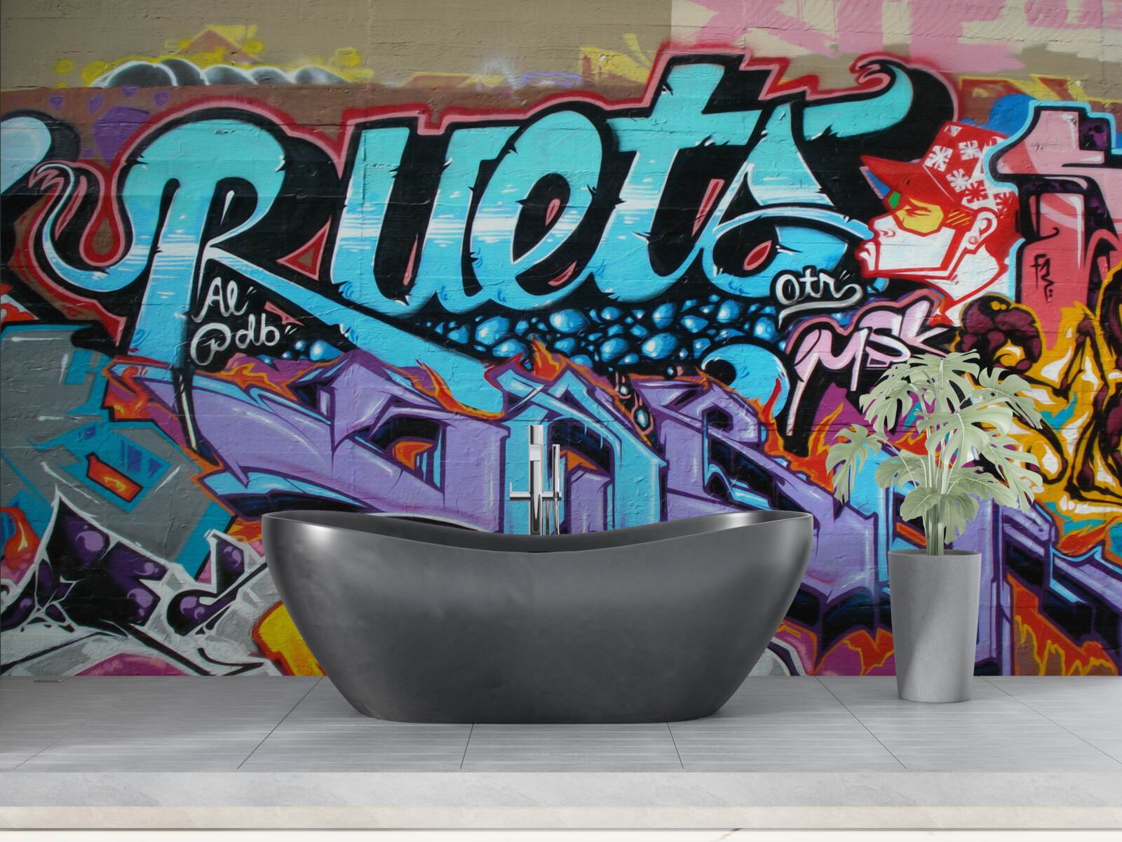 Fotobehang Muur versierd met felle graffiti