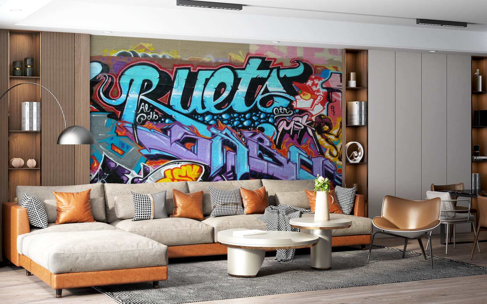 Fotobehang Muur versierd met felle graffiti