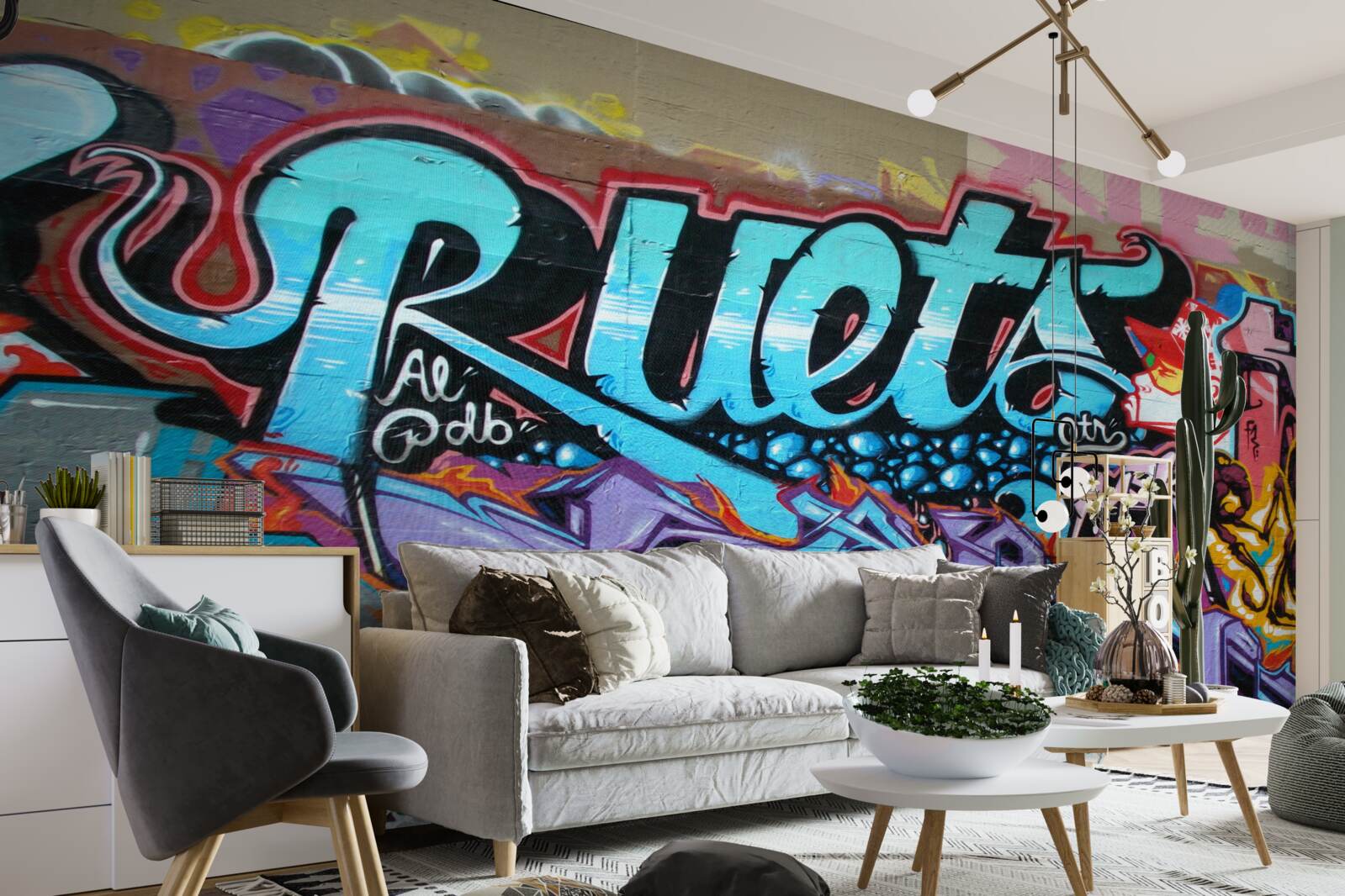 Fotobehang Muur versierd met felle graffiti