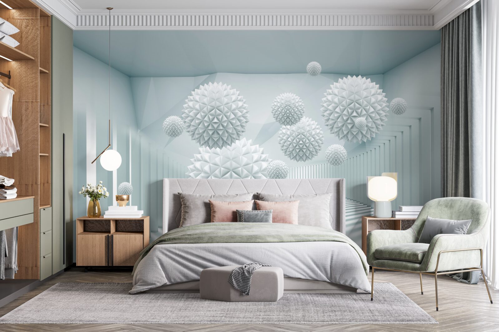 Fotobehang driedimensionale ballen met drijvende scherpe randen