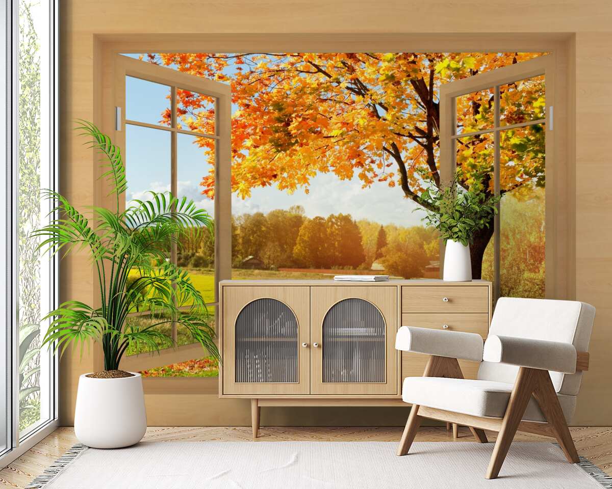 Fotobehang herfstuitzicht vanuit het raam