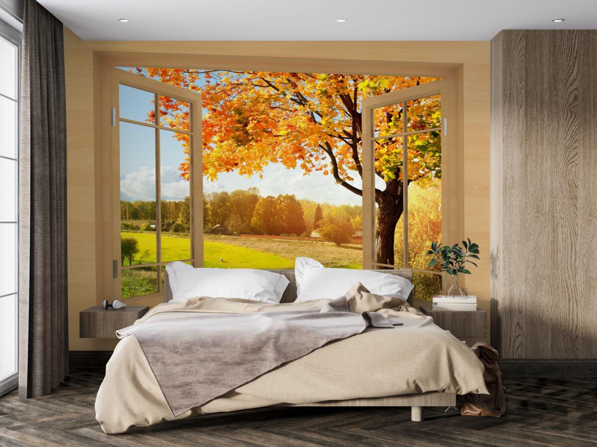 Fotobehang herfstuitzicht vanuit het raam