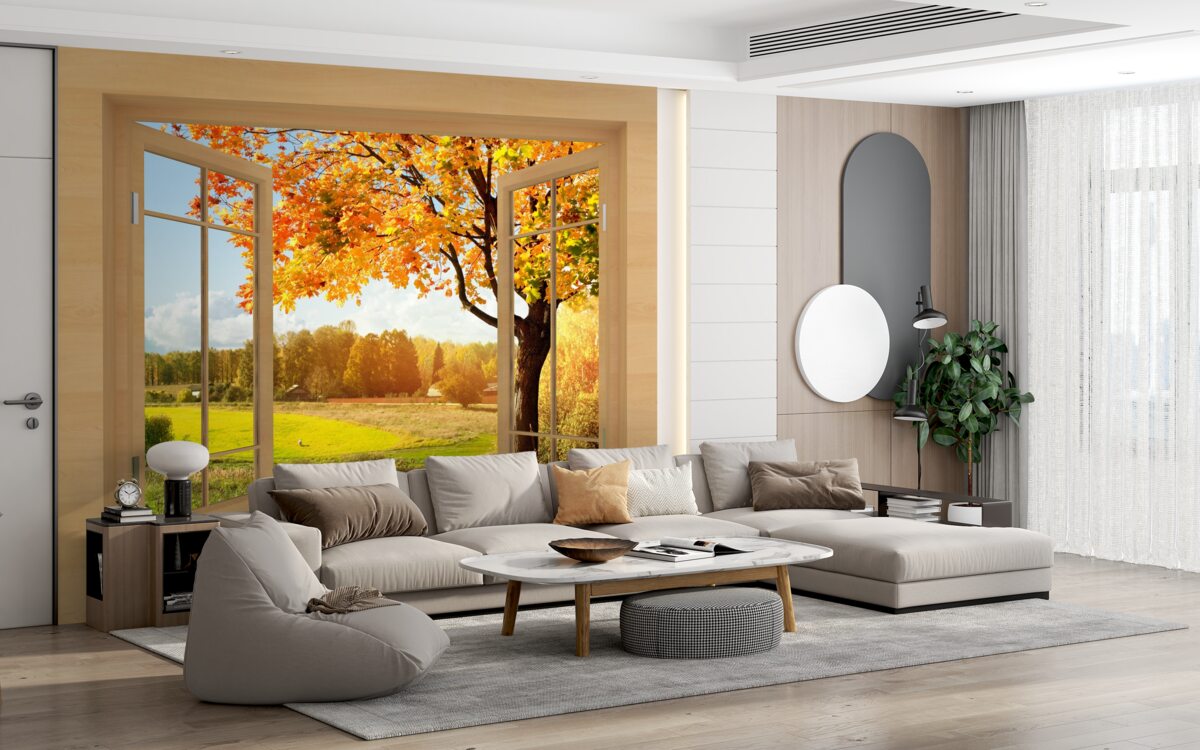 Fotobehang herfstuitzicht vanuit het raam