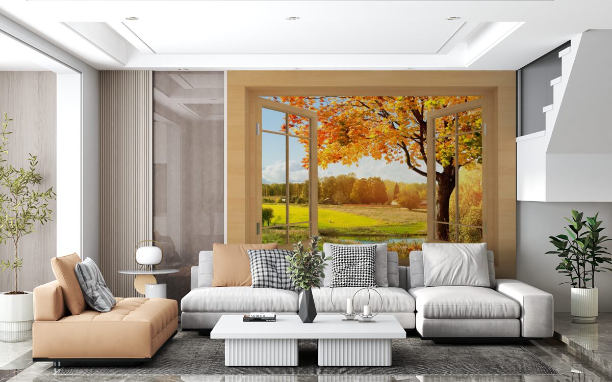 Fotobehang herfstuitzicht vanuit het raam