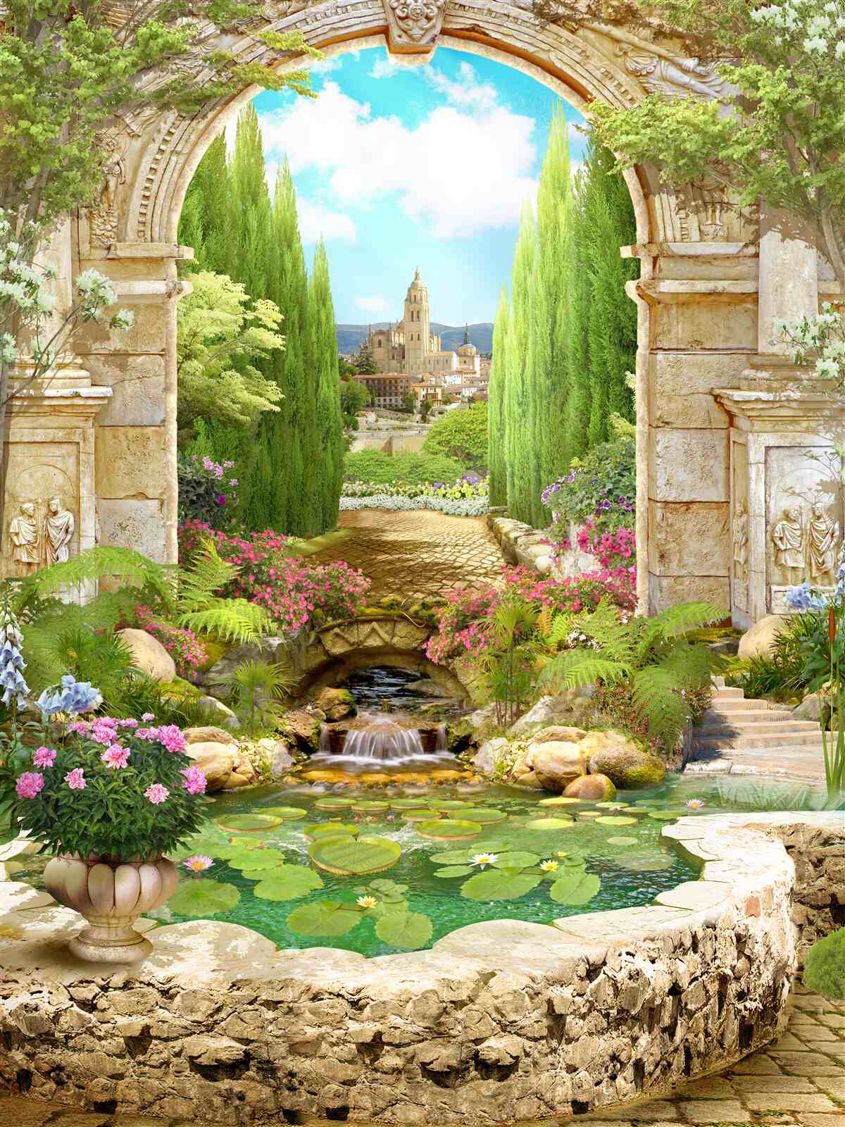 Fotobehang oude stenen boog omgeven door groen