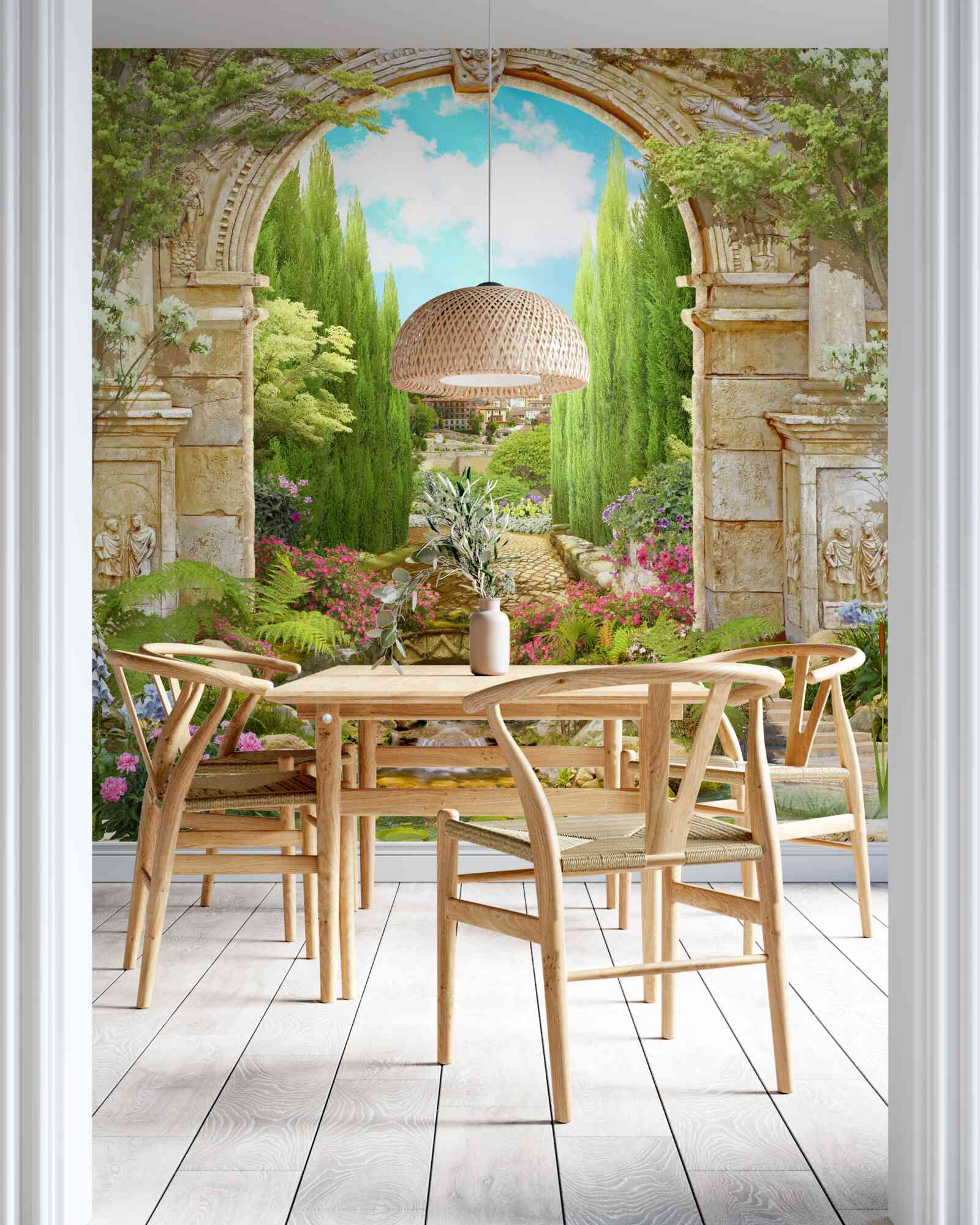 Fotobehang oude stenen boog omgeven door groen