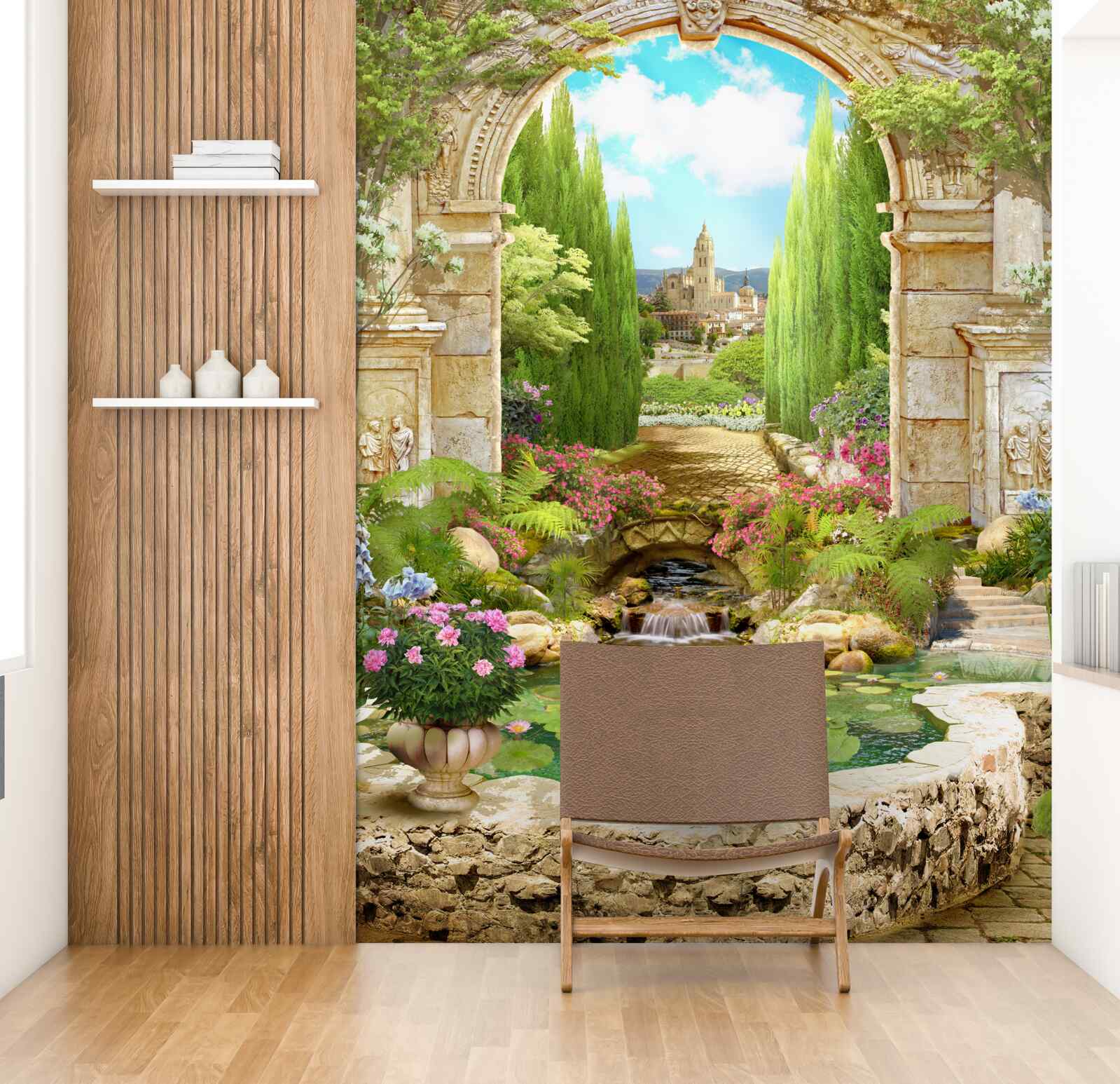 Fotobehang oude stenen boog omgeven door groen