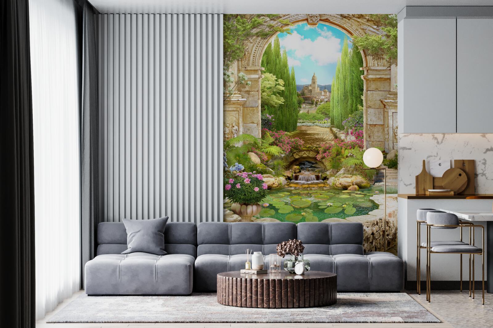 Fotobehang oude stenen boog omgeven door groen