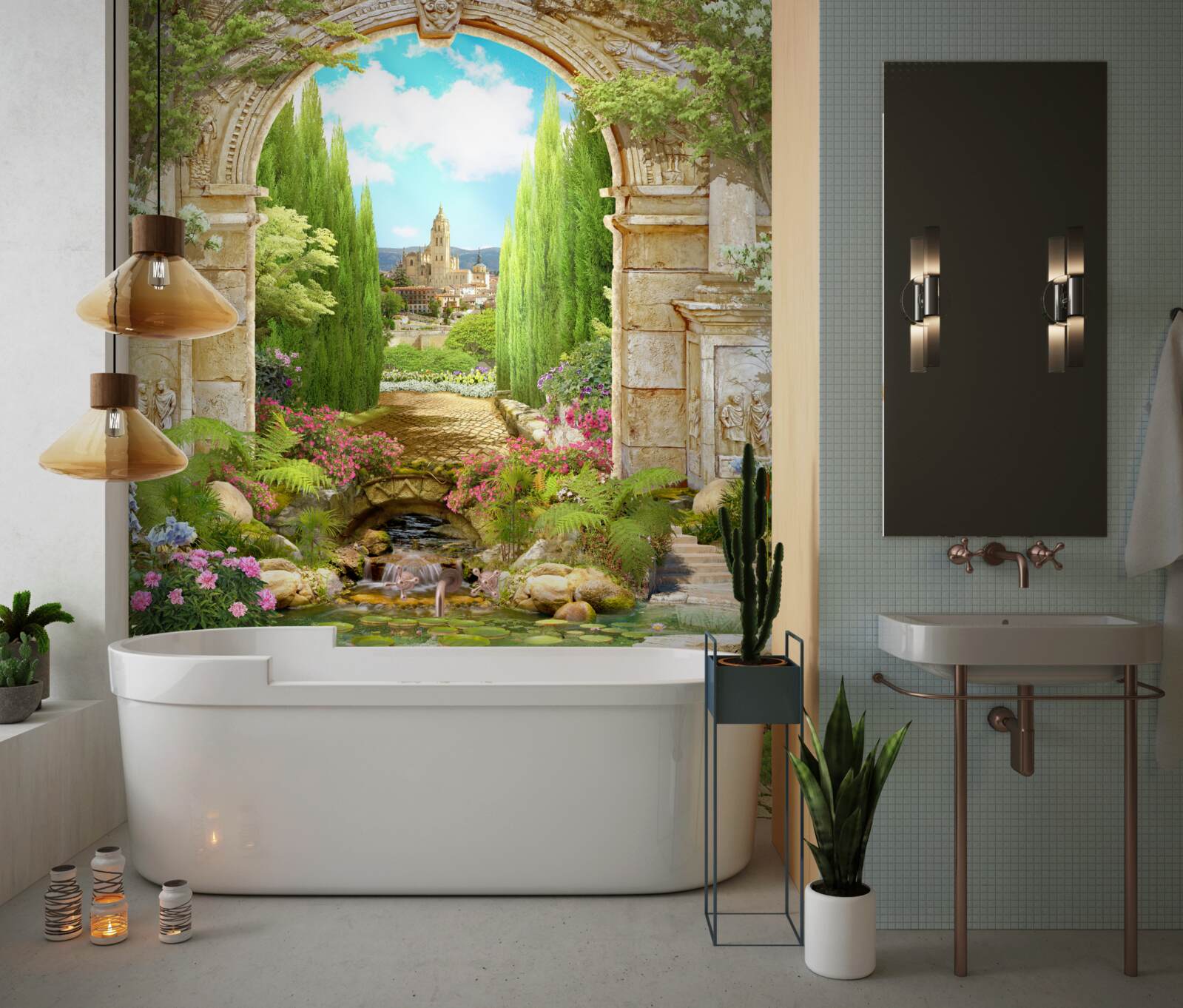 Fotobehang oude stenen boog omgeven door groen