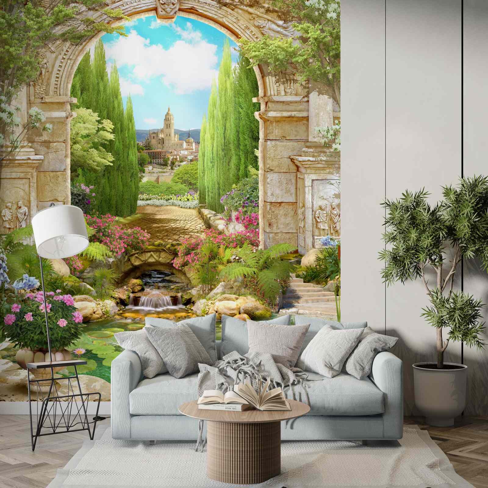 Fotobehang oude stenen boog omgeven door groen